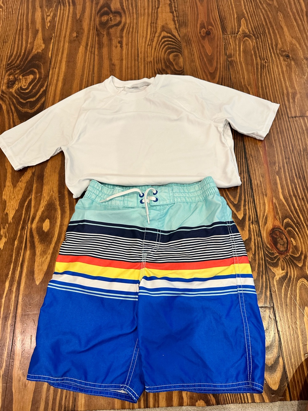Old Navy White Rash Guard with Blue Multicolor Stripe Swim Trunks